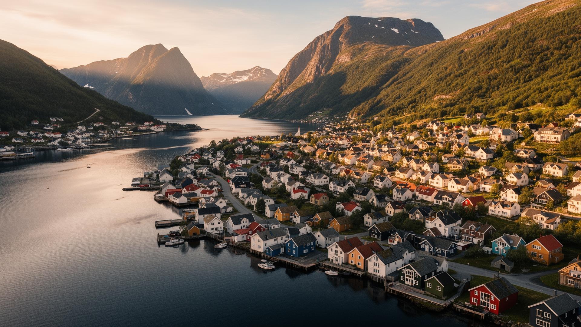 Norsk kystby med boliger